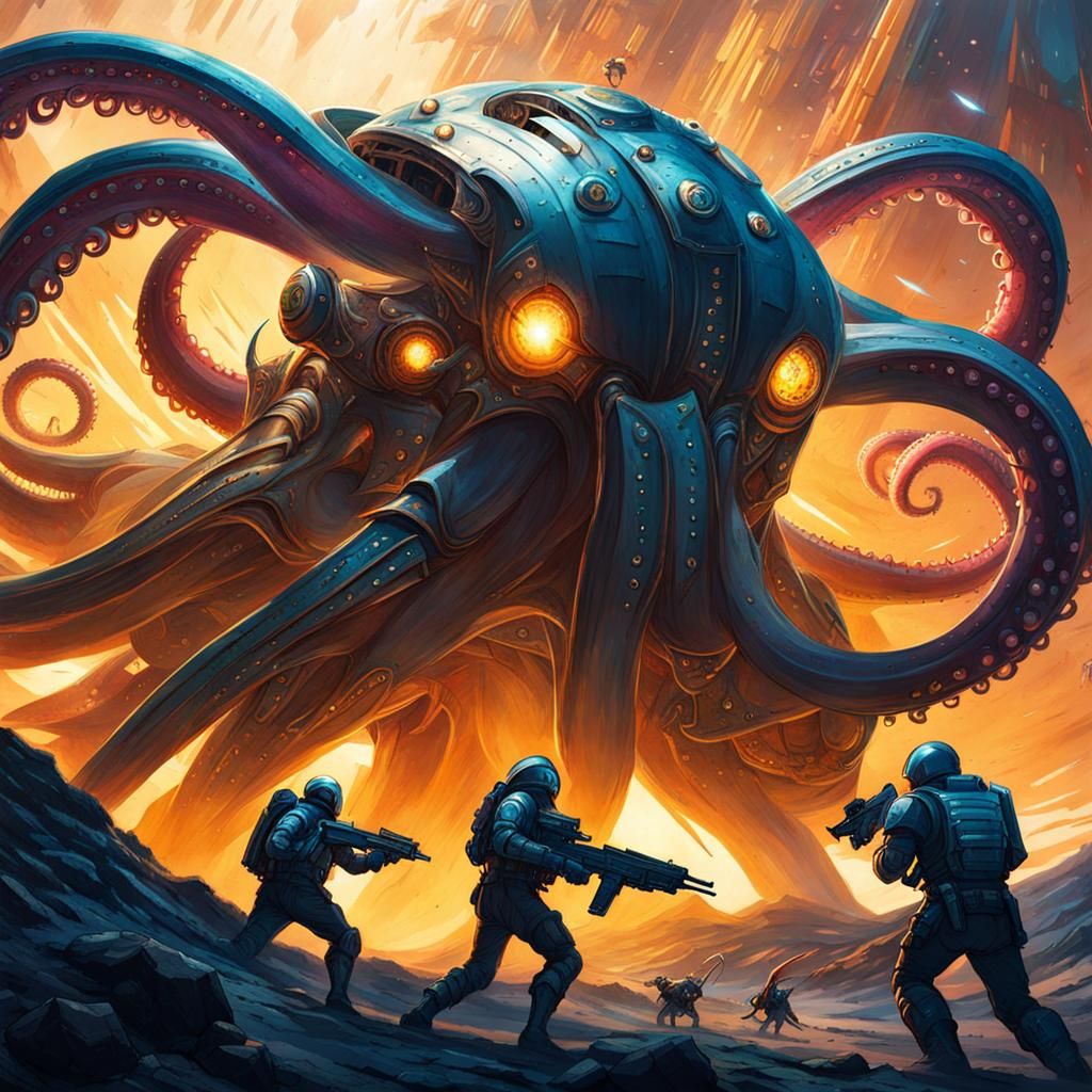 Futuristic Armored Soldiers Clash with Space Octopus