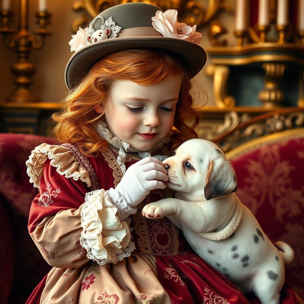Victorian Redheaded Girl with Playful Puppy in Warm, Golden-...