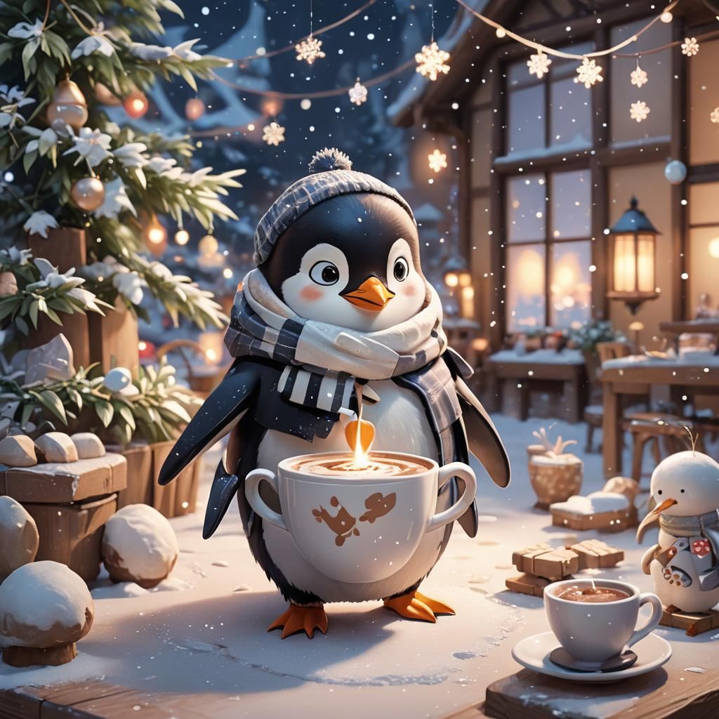 Penguin with Hot Chocolate: 3D Anime Kawaii Art