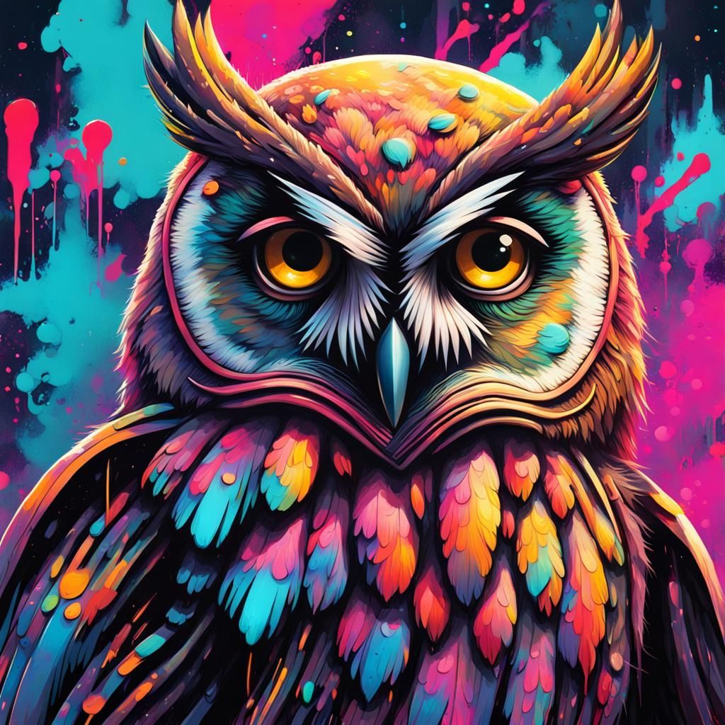 Mechanical Owl in Dystopian Neon Cityscape