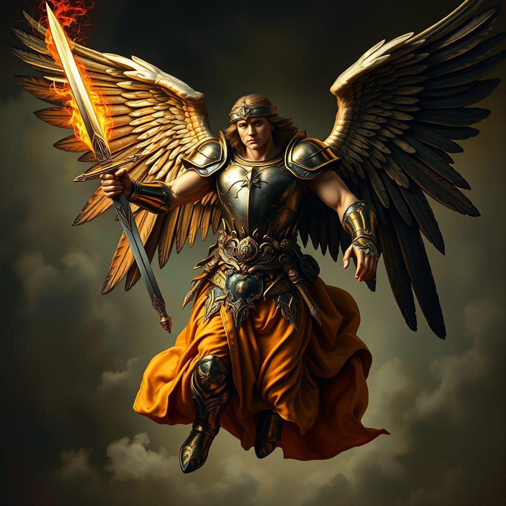 Majestic Angel Descends in Renaissance Armor, Iridescent Win...