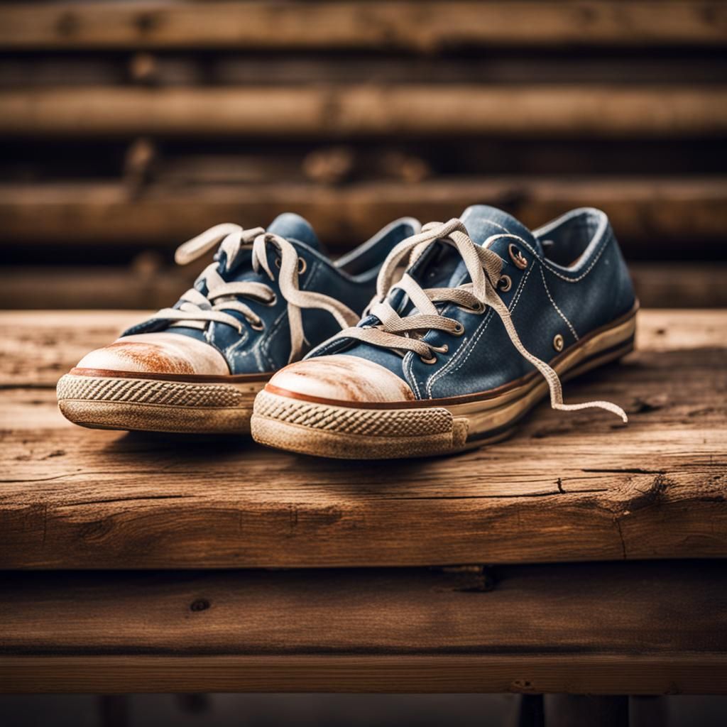 Old Sneakers Abandoned on Wooden Bench