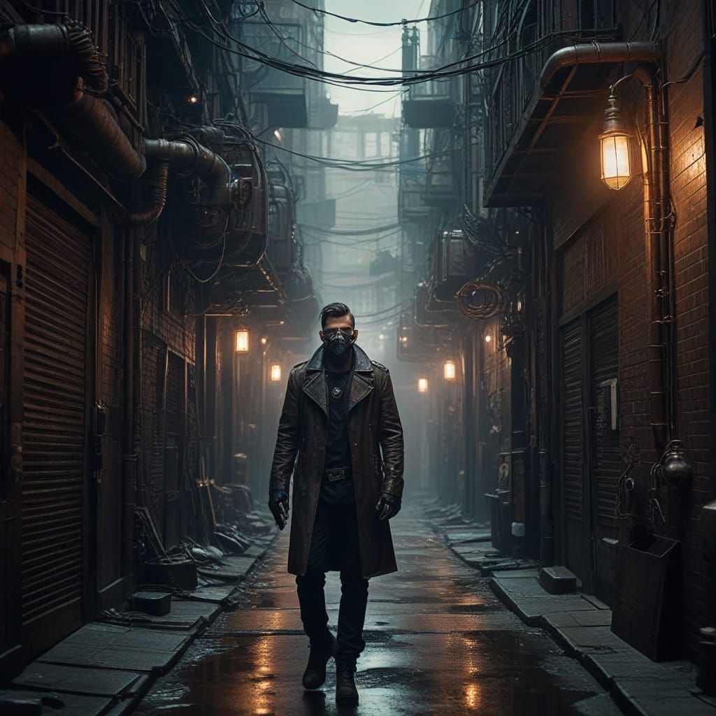 Cyberpunk Steampunk Alleyway Scene with Industrial Elements