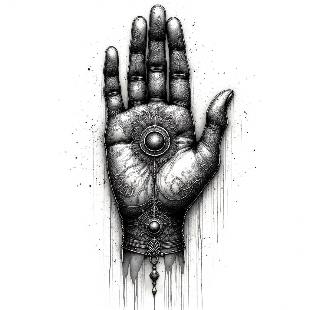 Detailed Black and White Hamsa Hand Drawing with Filigree