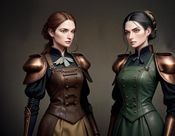 Steampunk Twins in Time Machine: Dark Fantasy Art