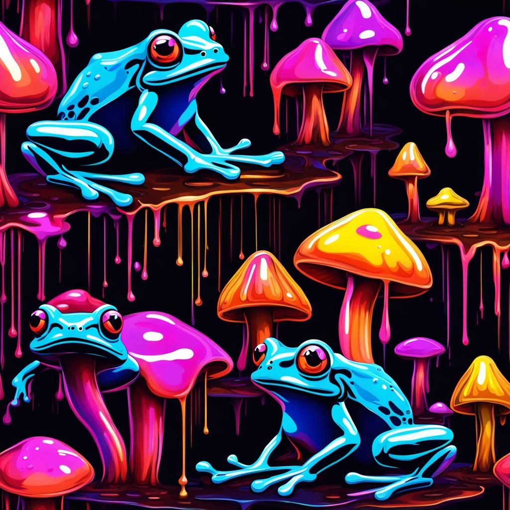 Liquid Metal Neon Frogs and Mushrooms