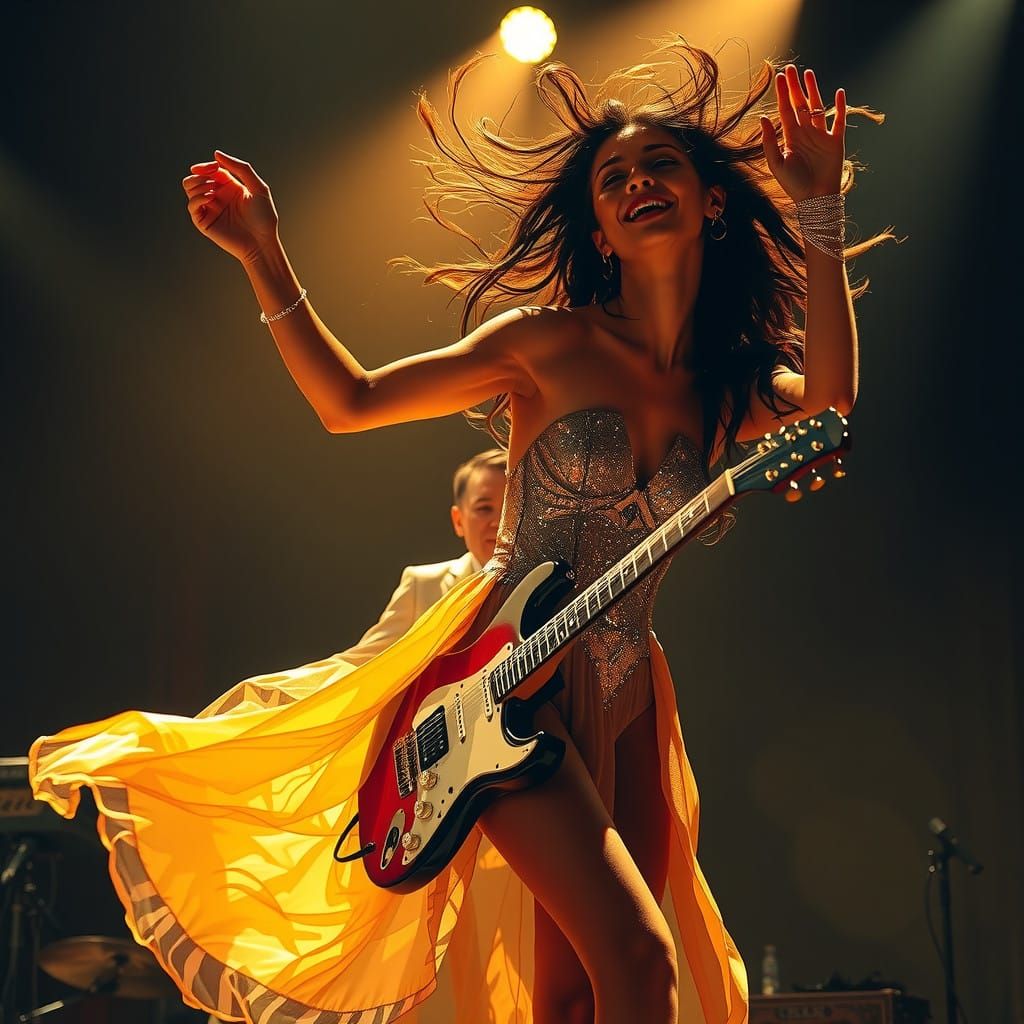 Vibrant Woman Lost in Music on Concert Stage