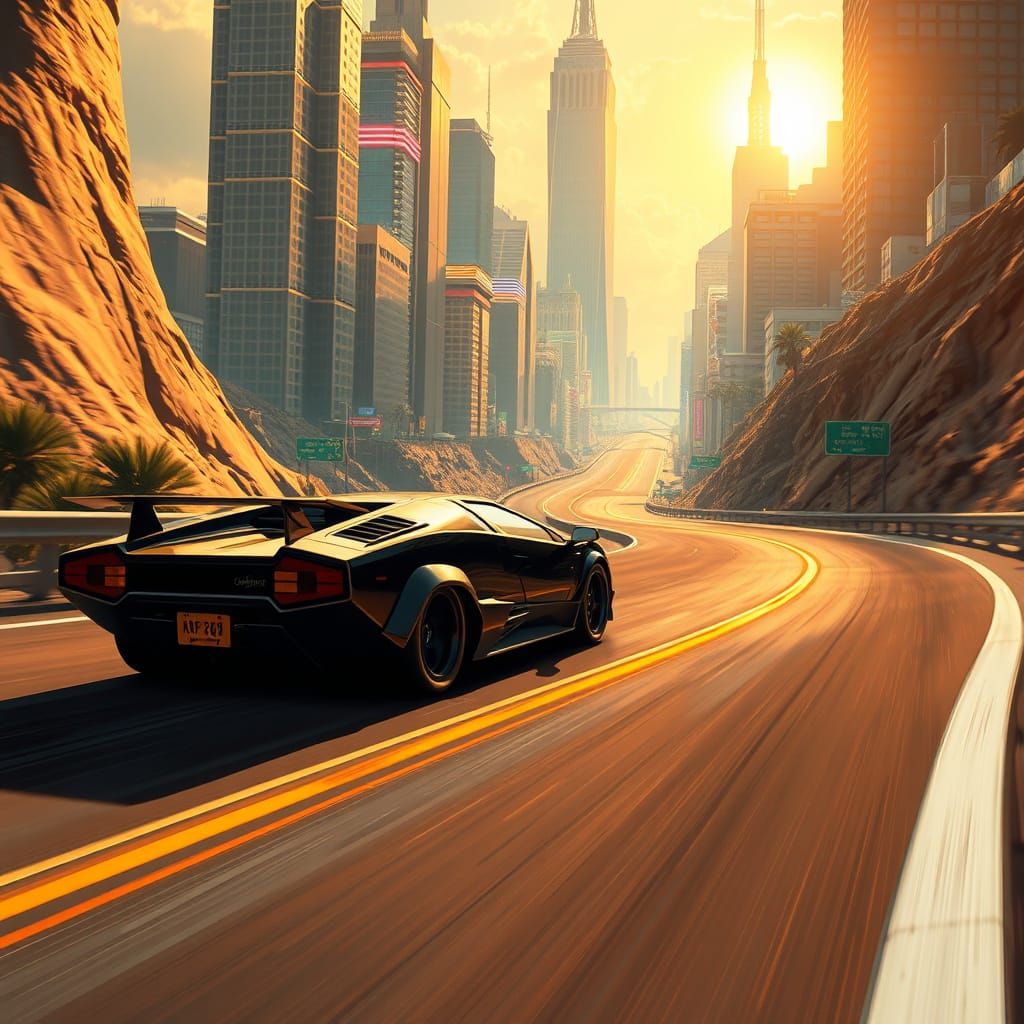 Lamborghini Countach in Retro-Futuristic Cityscape