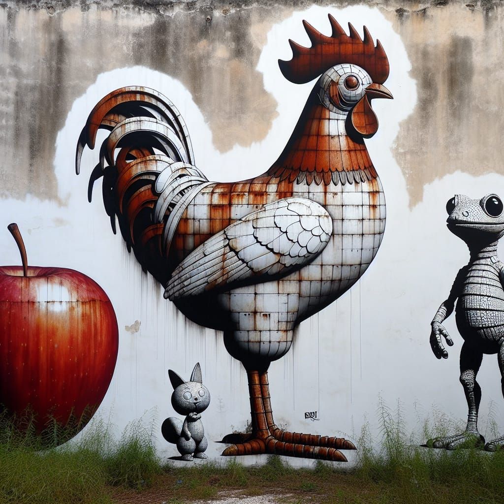 Monochrome Street Art Chicken Sculpture in Meadow
