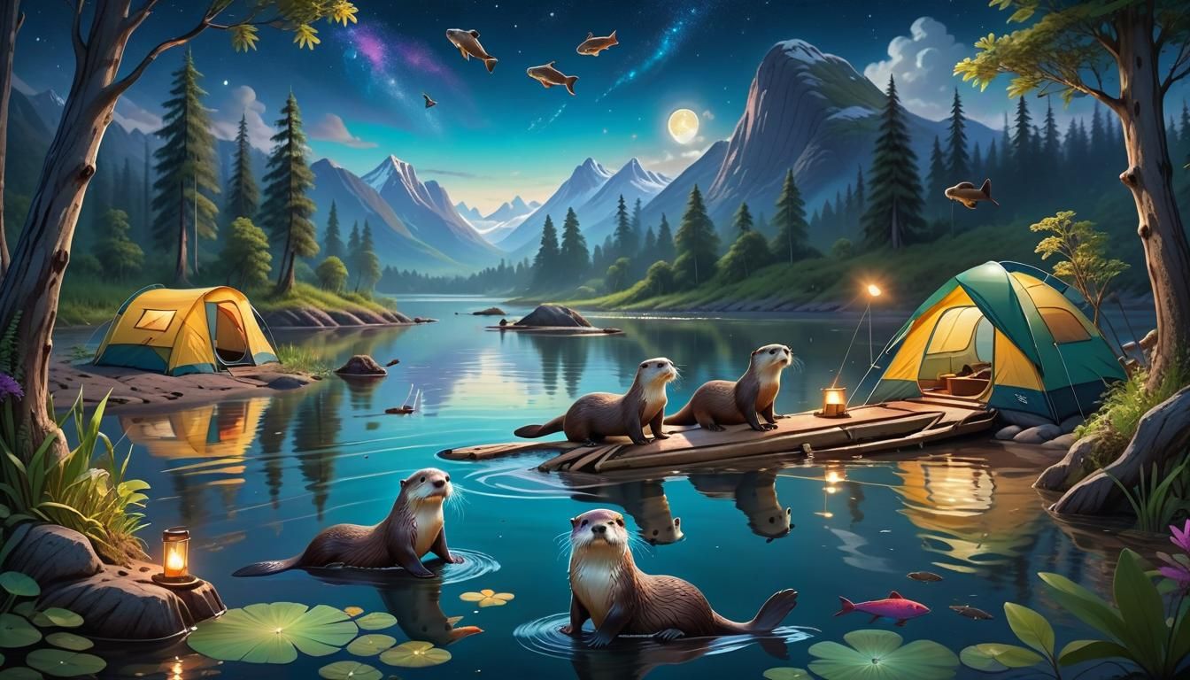 Otters in Starry Lakeside Forest Scenery