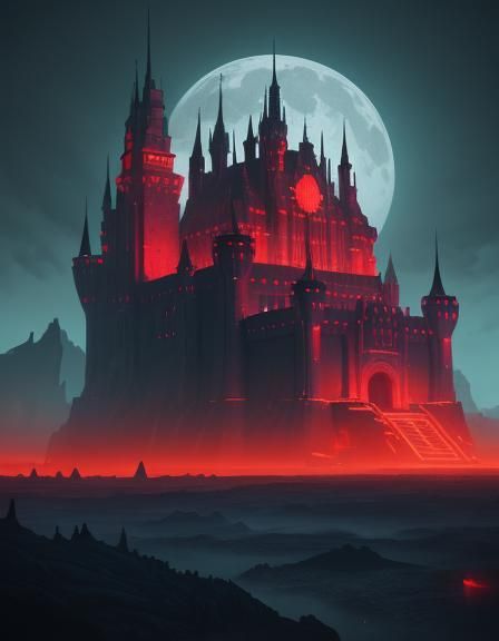 Majestic Castle Under Red Moon, Digital Matte Painting