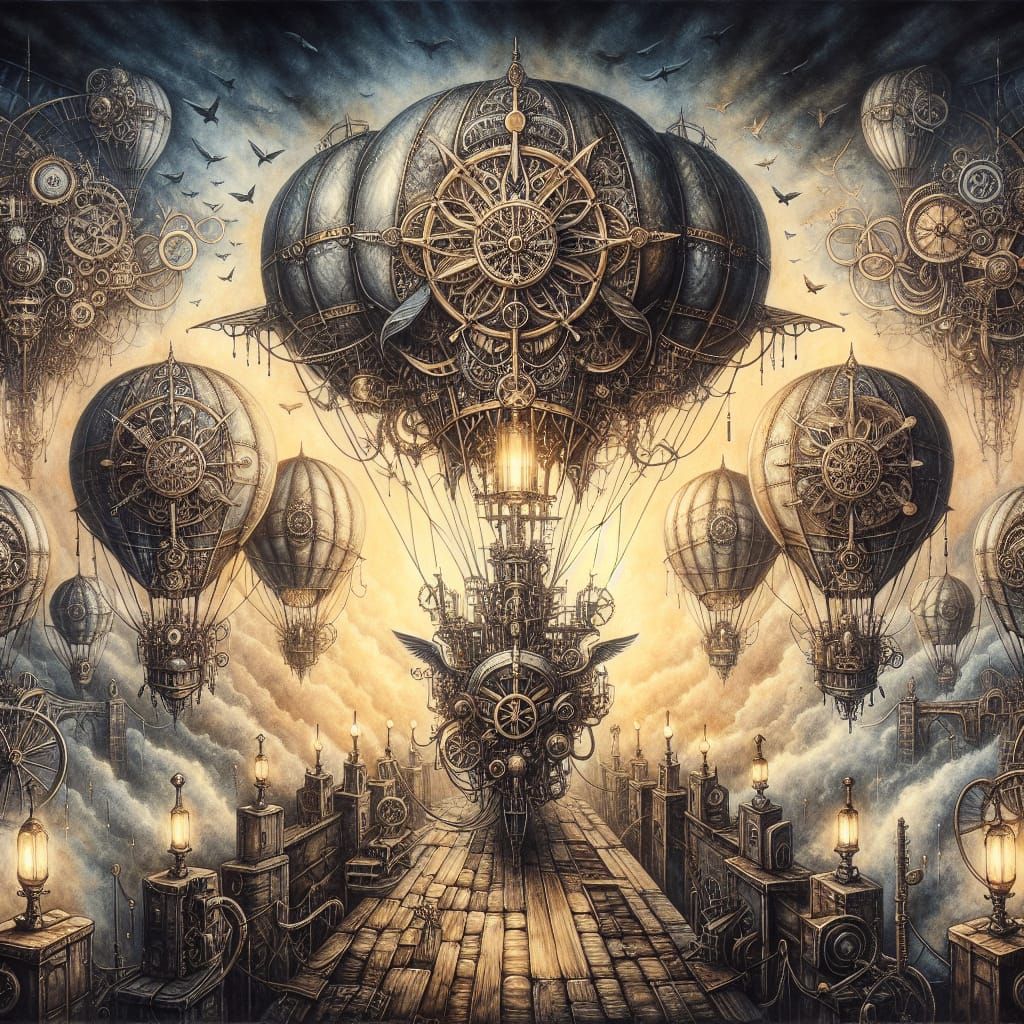 Gothic Steampunk Hot Air Balloons Watercolor Painting