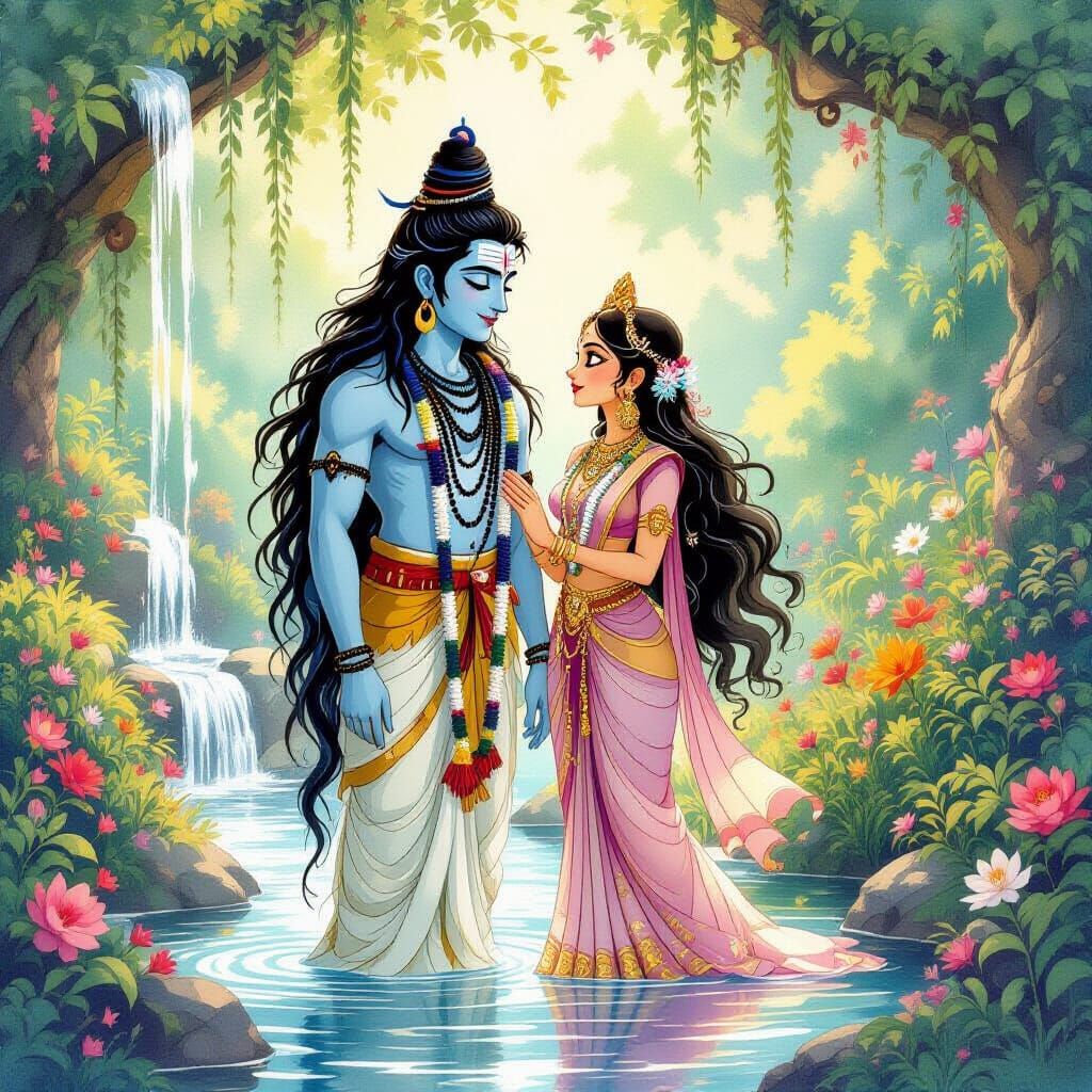 Shiva and Parvati in Ghibli-Style Garden