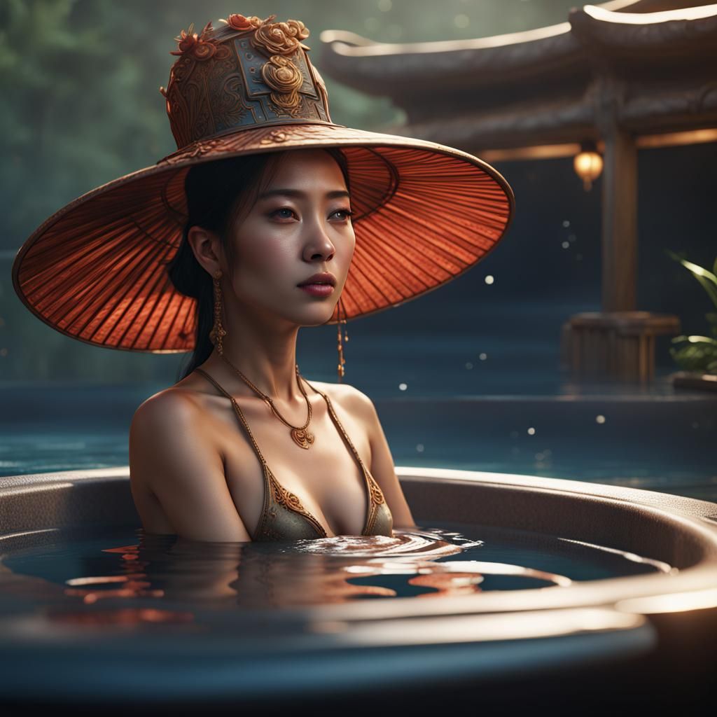 Chinese Woman Relaxing in Hot Tub: Detailed Matte Painting