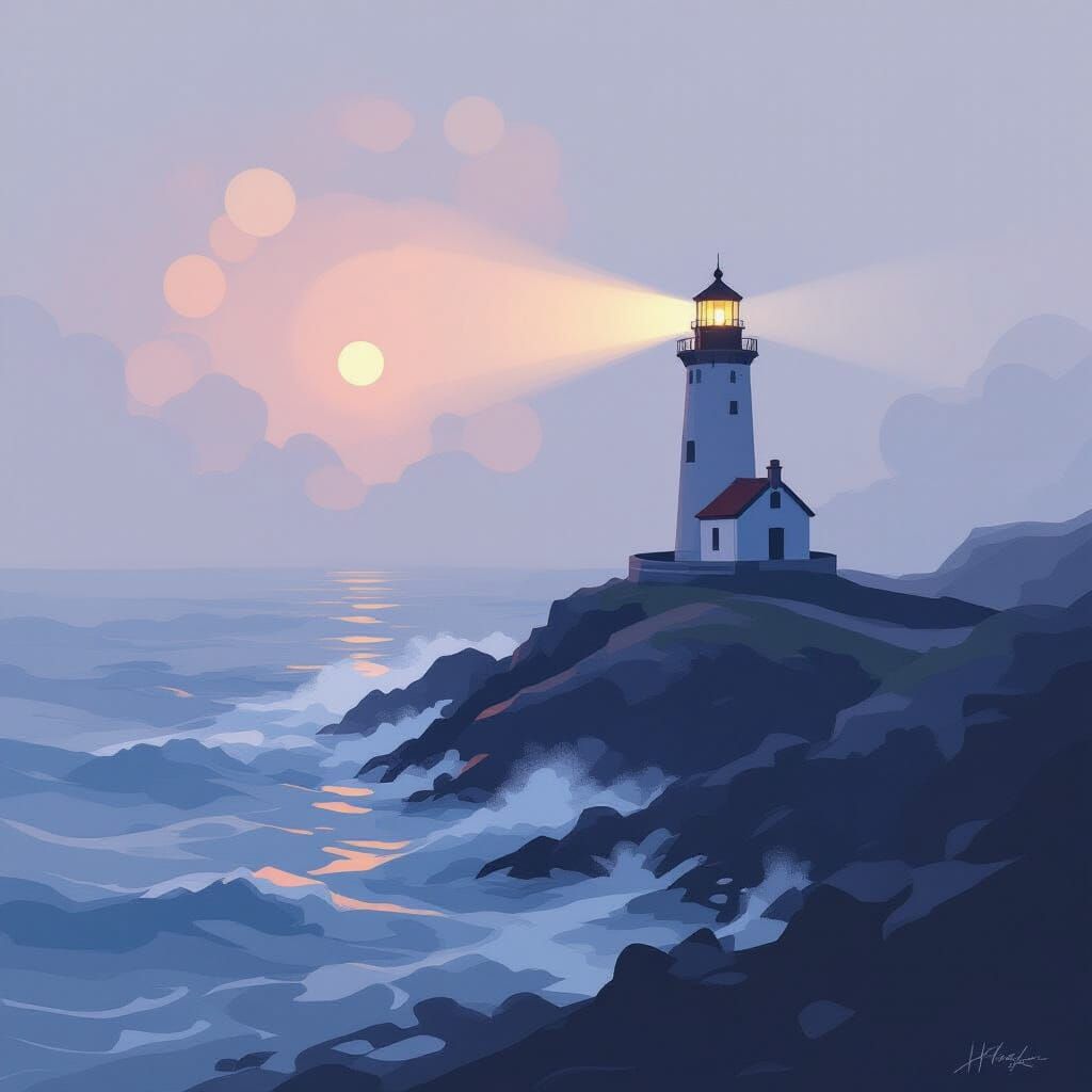 Ethereal Lighthouse in Misty Sea, Impressionistic Style