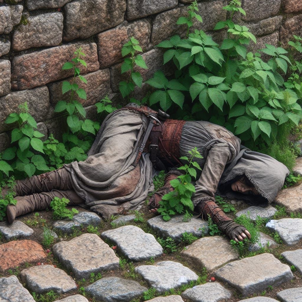 Exhausted Medieval Spy on Cobblestone Path