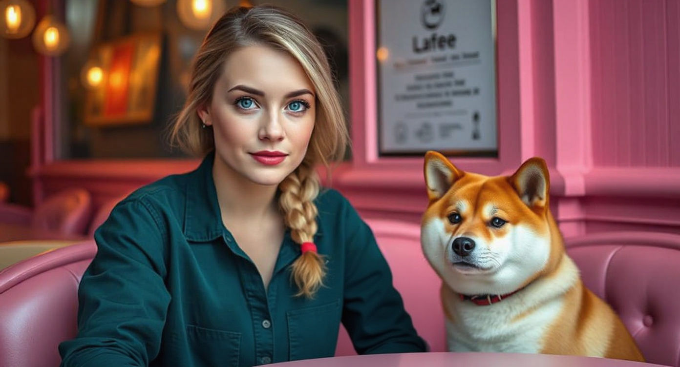 Woman Enjoys Latte in Kawaii Shiba Inu Cafe