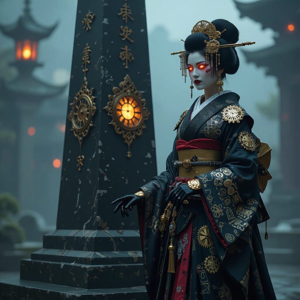 Steampunk Geisha Guarding Obsidian Obelisk