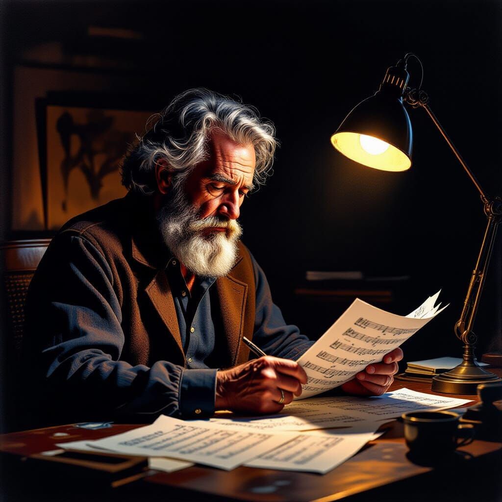 Composer Creates Emotional Music in Dimly Lit Studio
