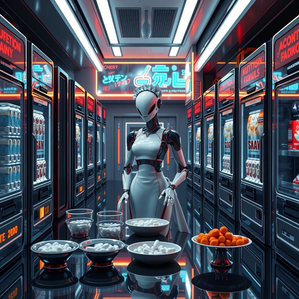 Retro Futuristic Maid Robot in High-Tech Kitchen