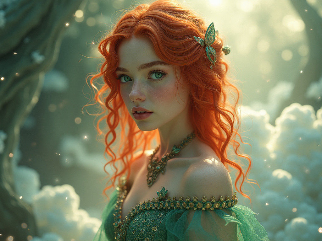 Redhead Enchantress in Dreamlike Fantasy Realm