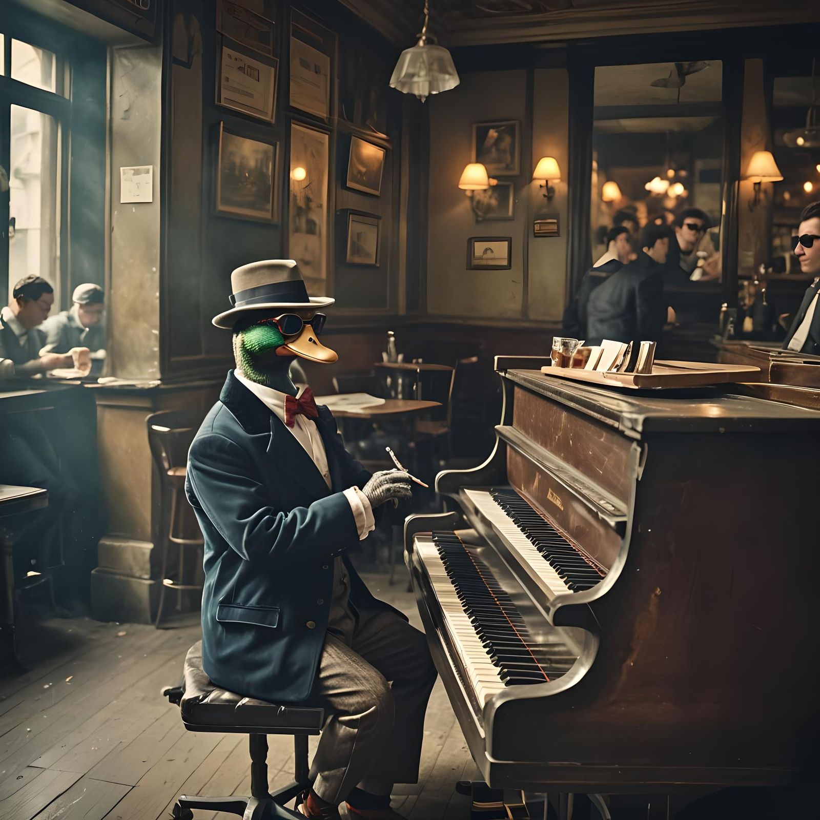 Duck Plays Piano in Paris: Cinematic Film Still