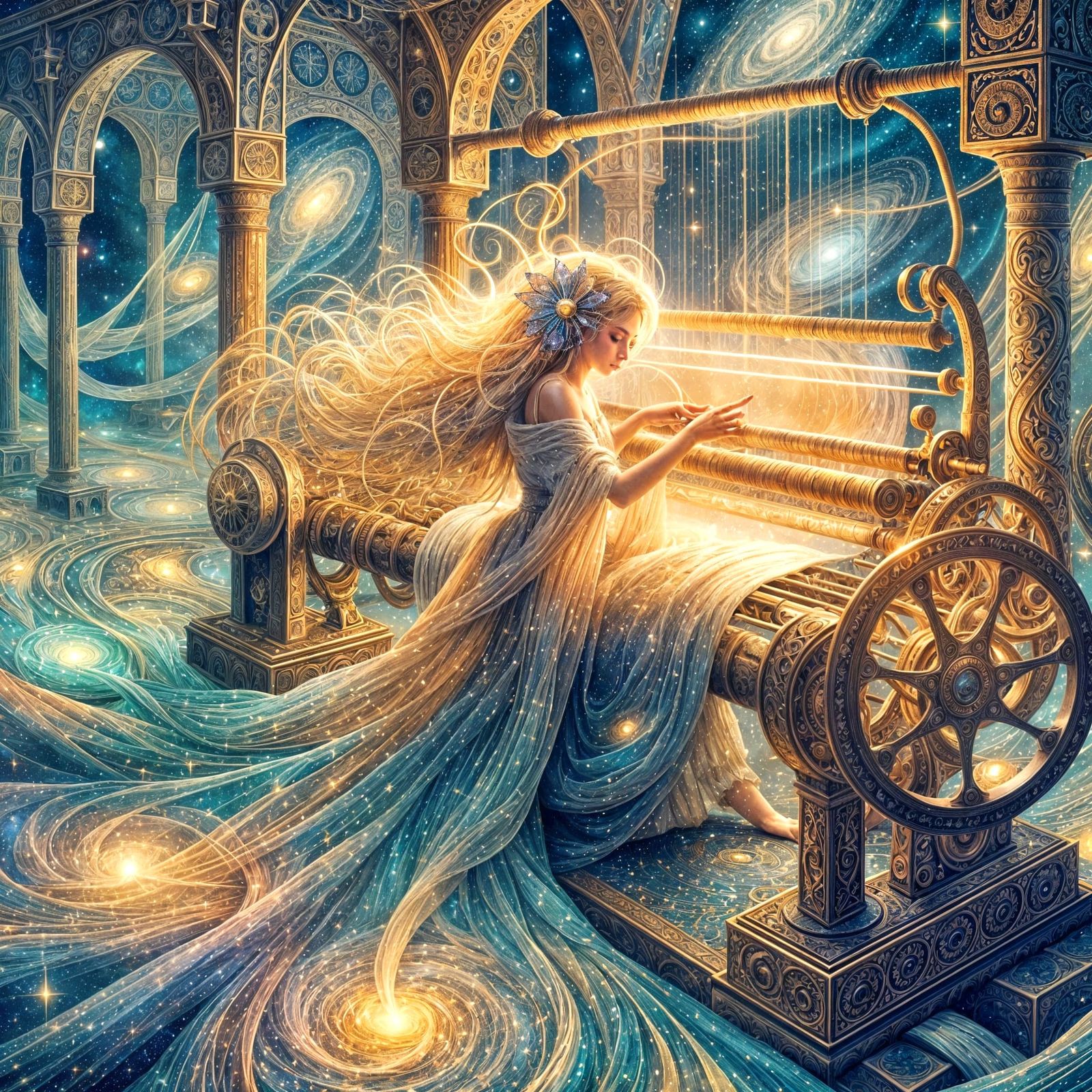 Celestial Seamstress Weaving Cosmic Gowns in Art Nouveau Sty...