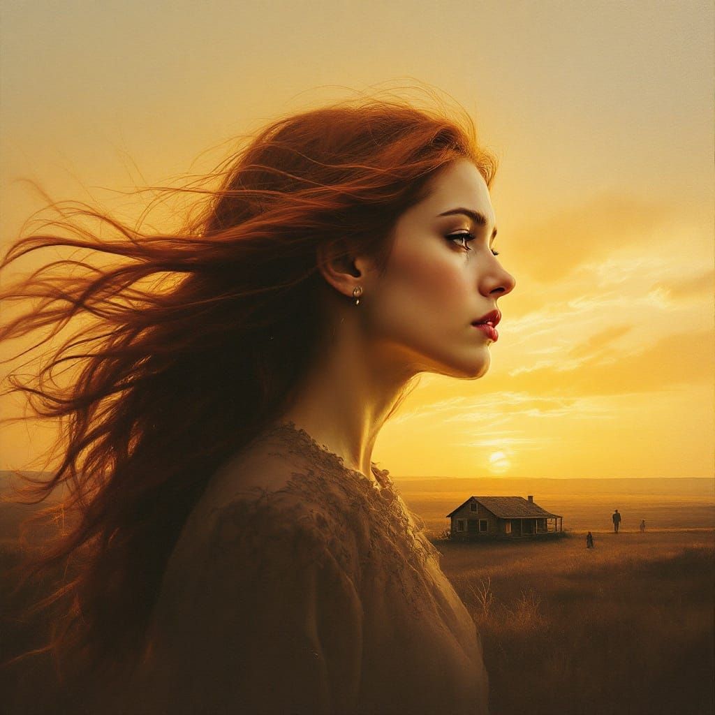 Sorrowful Jolene in Golden Sunset Double Exposure