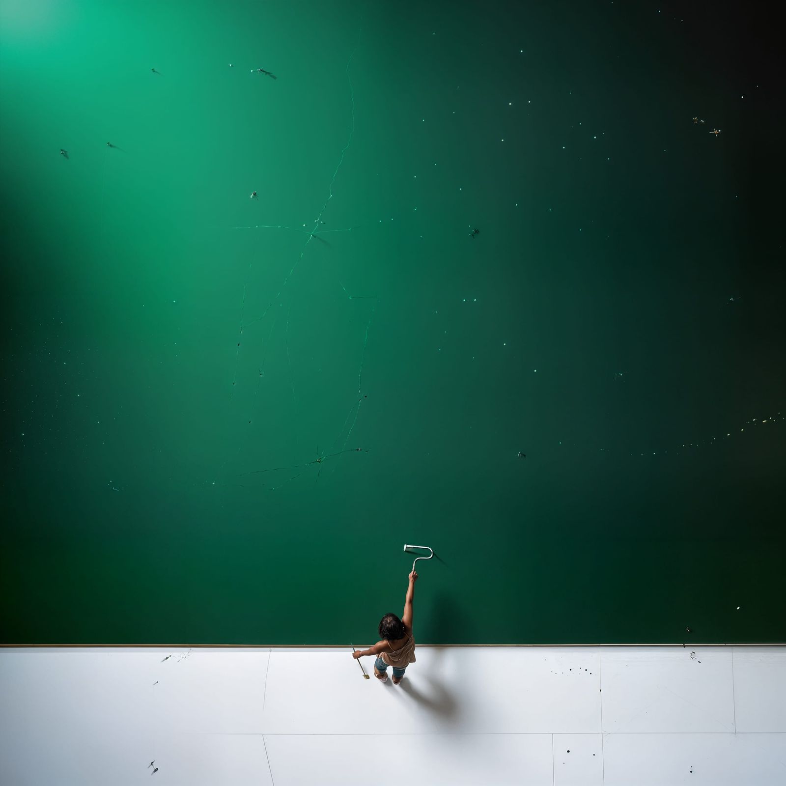 Woman Paints Huge Canvas: Cinematic Top-Down View