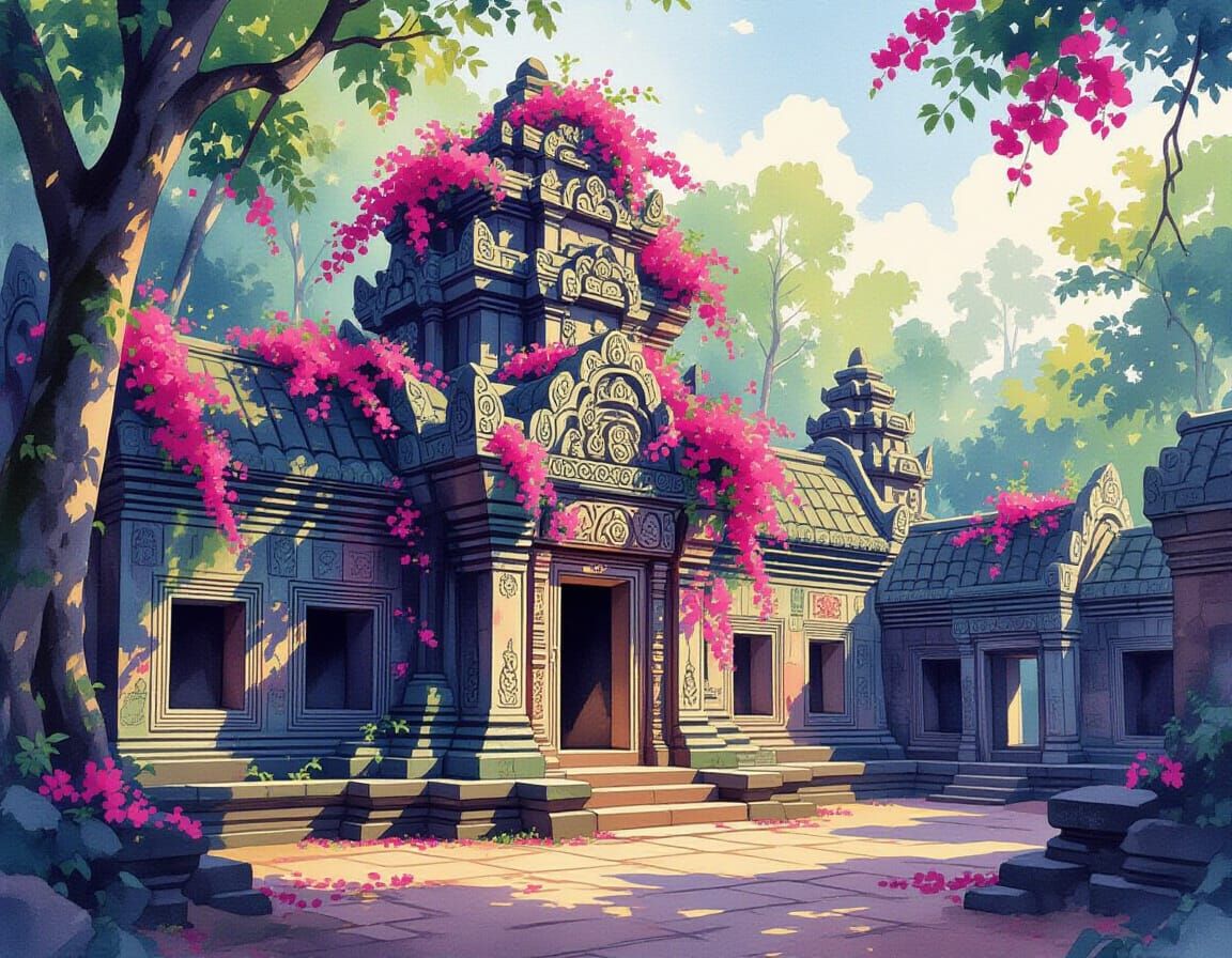 Ancient Temple Covered in Bougainvillea, Watercolor Painting