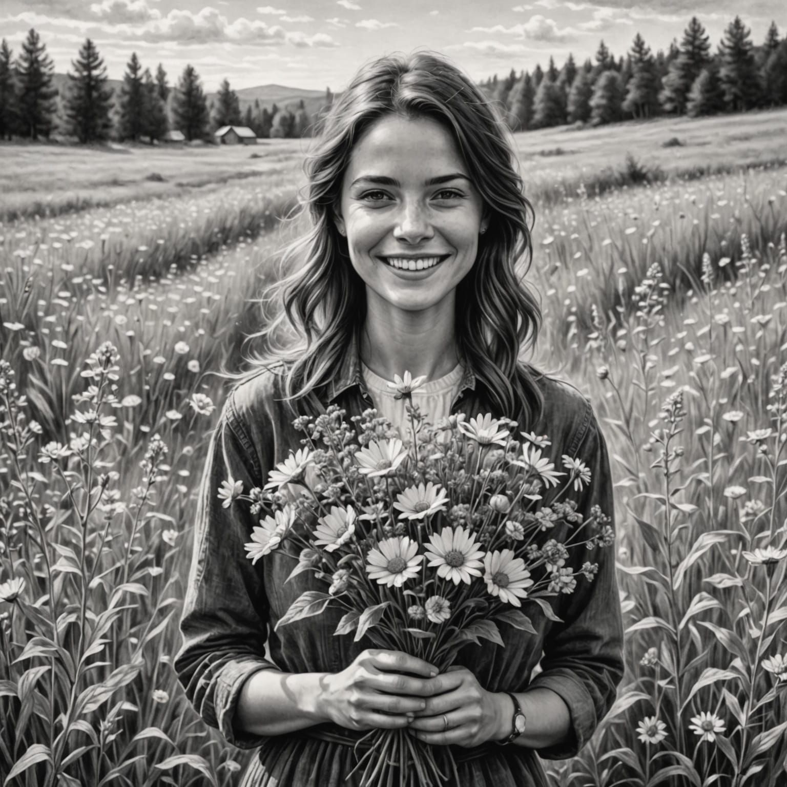 Romantic Woman in Field of Flowers in Black and White Sketch