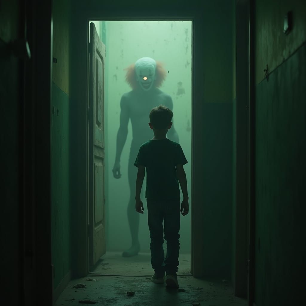 Eerie Encounter: Boy and Clown in Dark Future Style