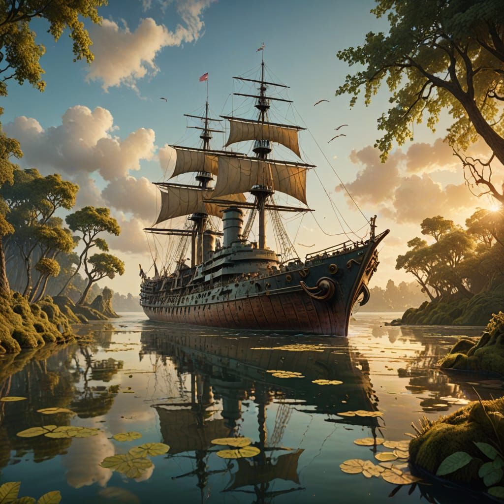 Wooden Battleship Sails on Calm Water as Oil Painting