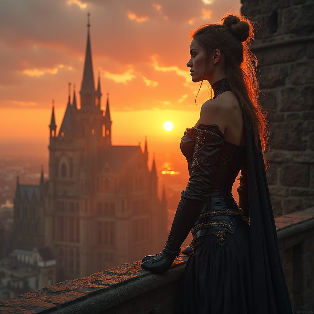 Mystical Warrior on Rooftop at Sunset