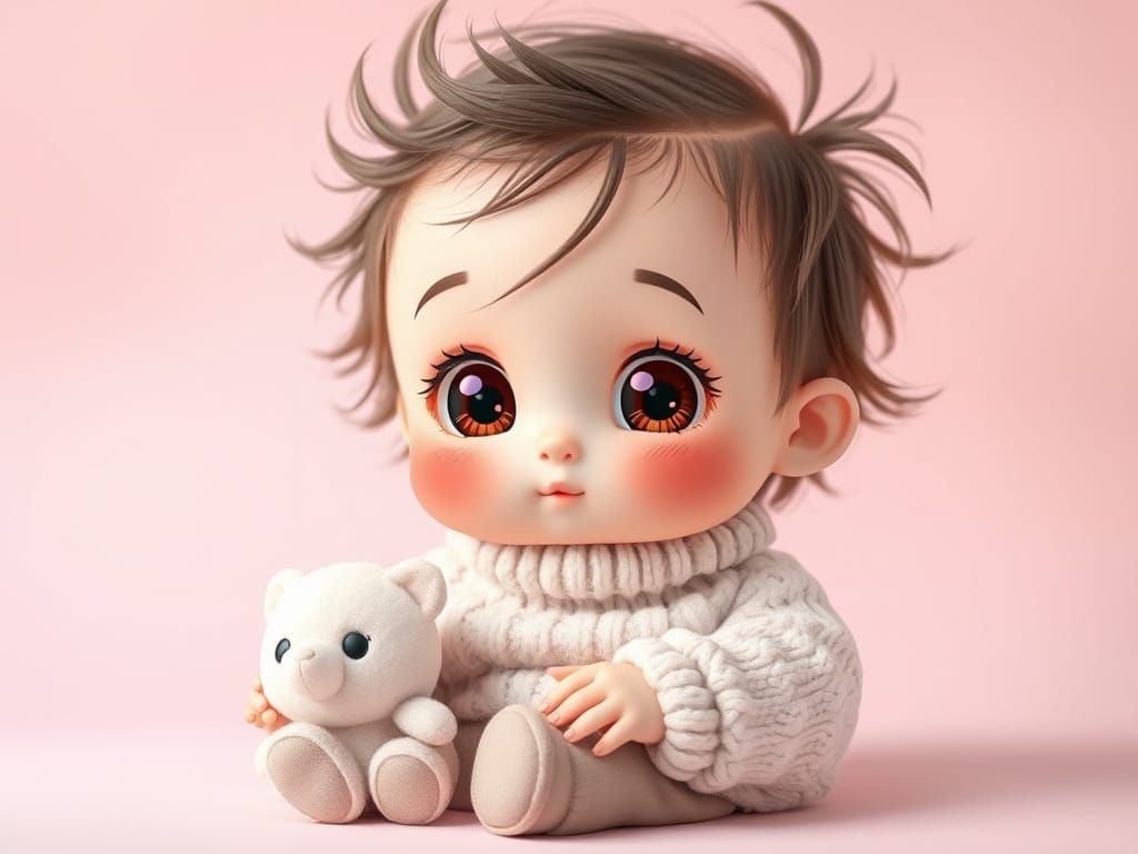 Chibi Kawaii Child Portrait with Plush Animal