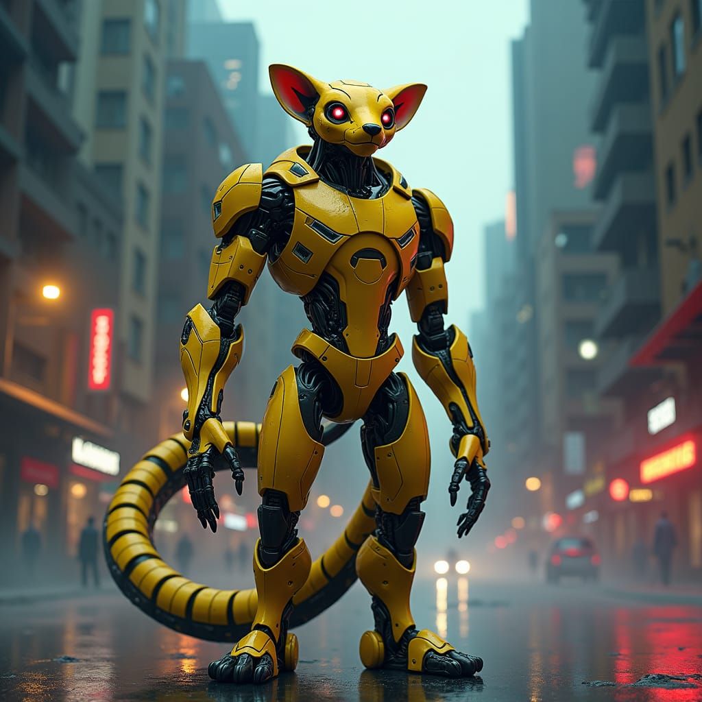 Ferret Transformer in Cyberpunk Cityscape, Biomechanical Sty...