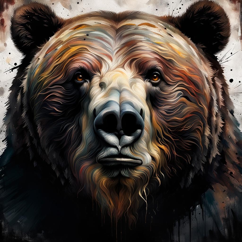 Demonic Cyborg Bear Portrait in Volcanic Landscape