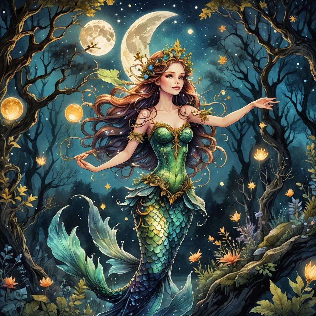 Fairy Mermaid in Ocean Forest Ink Drawing