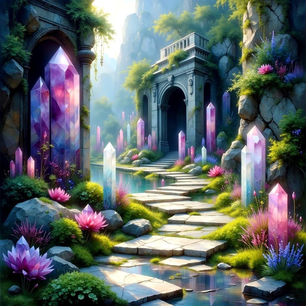 Mystical Temple Pathway with Vibrant Crystals