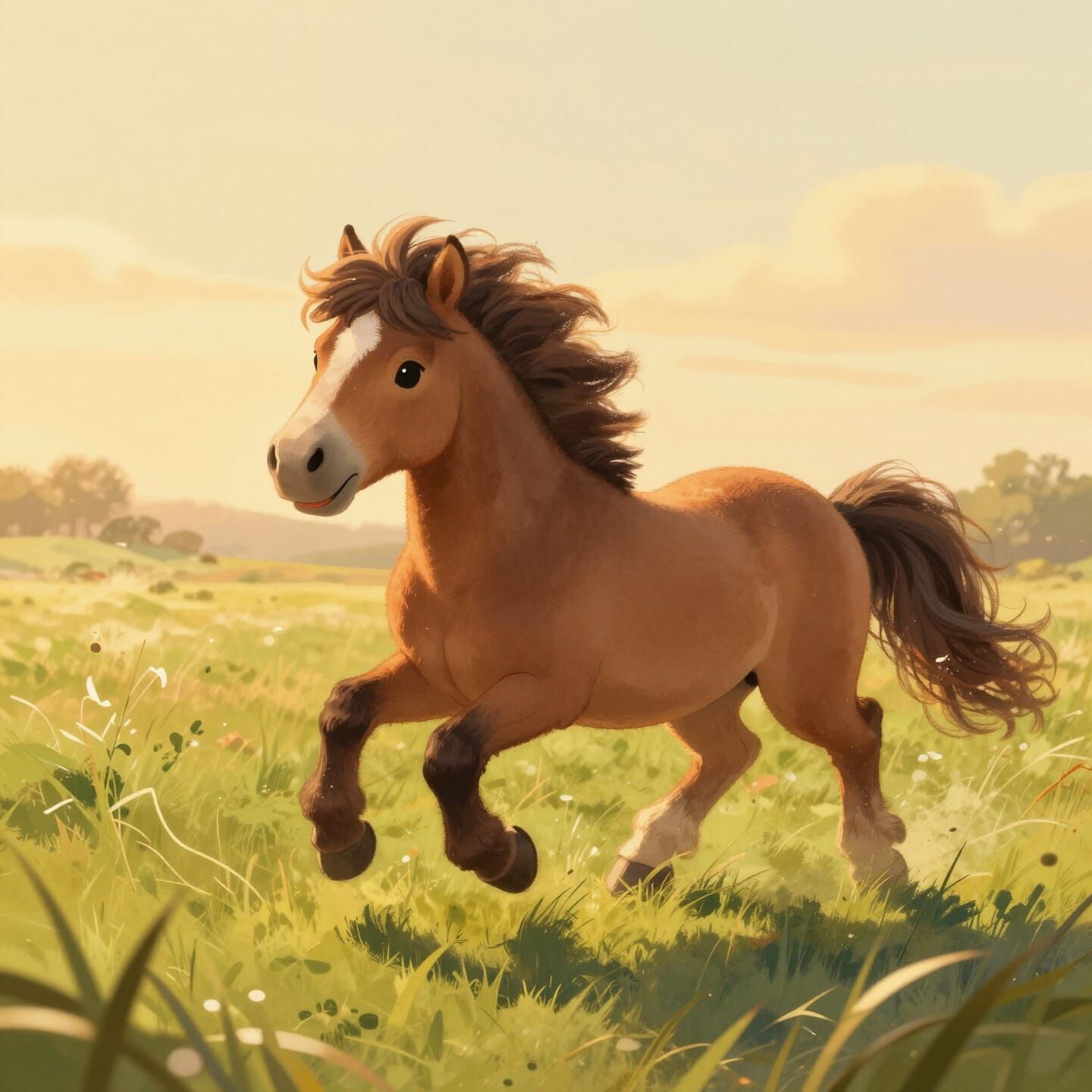 Adorable Miniature Horse Gallops Through Golden Meadow