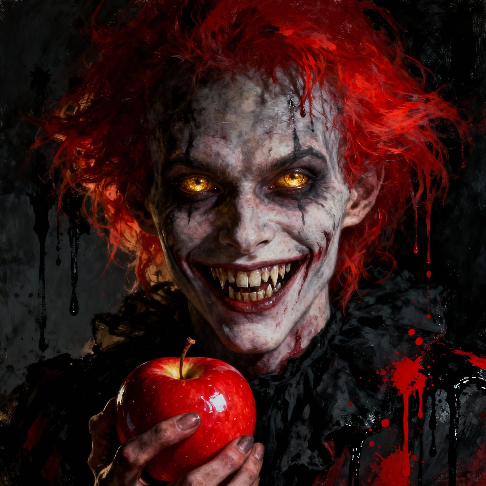 Terrifying Witch Portrait with Glowing Eyes and Red Apple