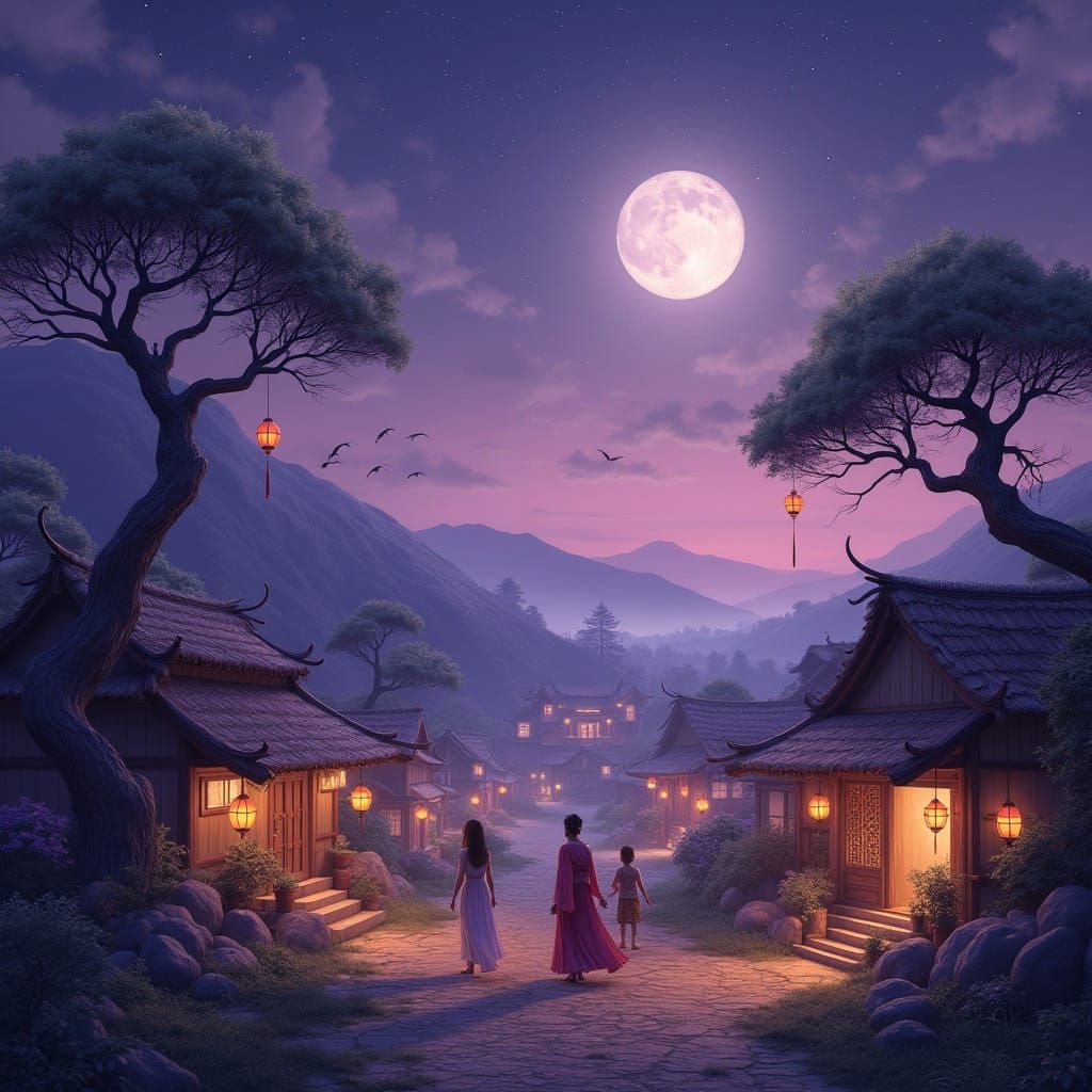 Dreamy Village Under Starry Night Sky with Floating Lanterns...