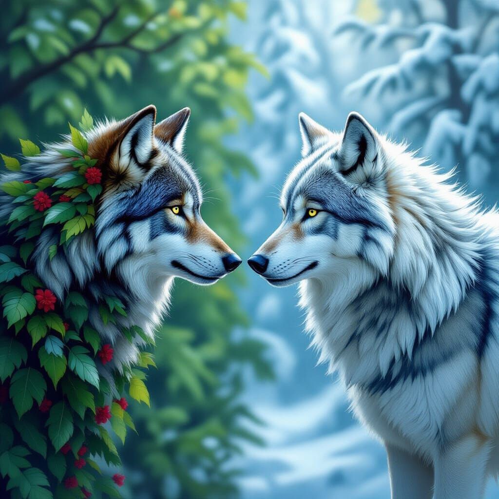 Summer and Winter Wolves Facing Off in Matte Painting Style