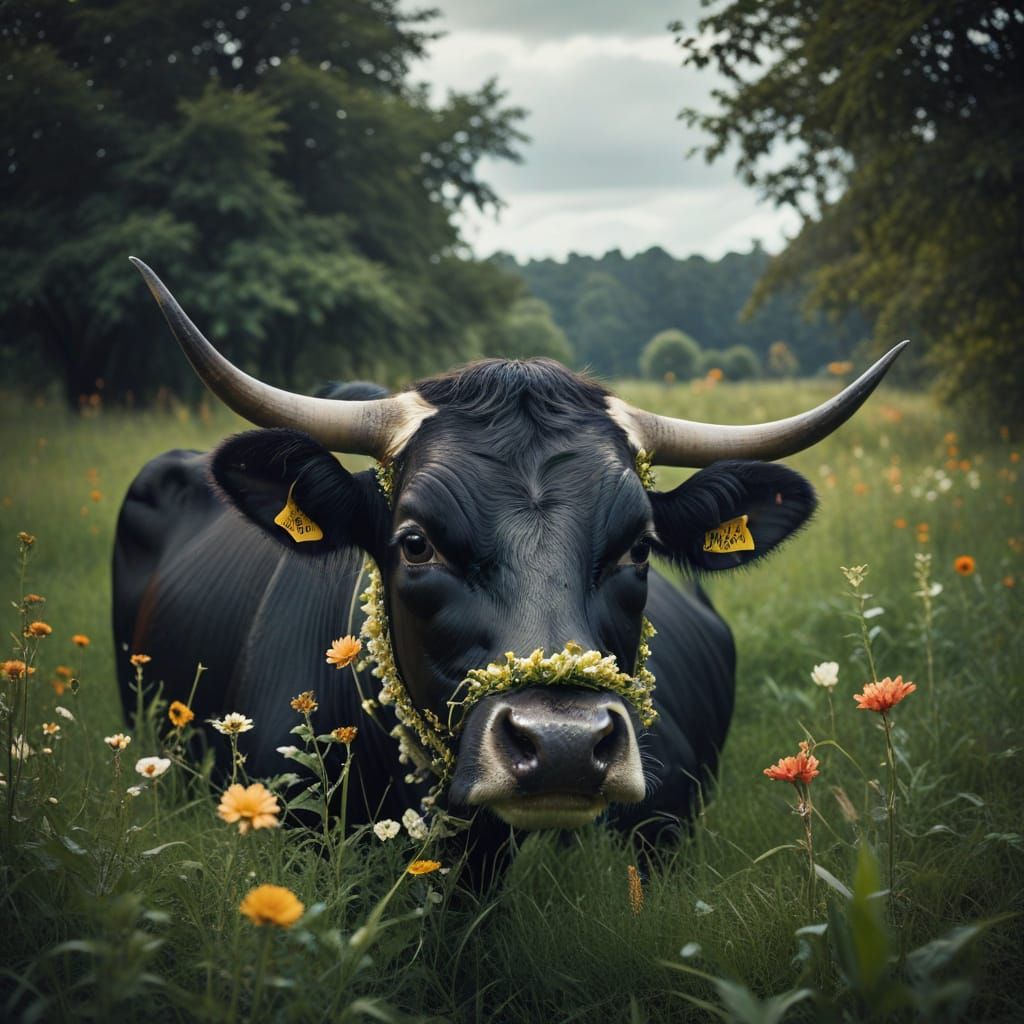 A Vintage Film Noir Cow Grazes in a Utopian Paradise