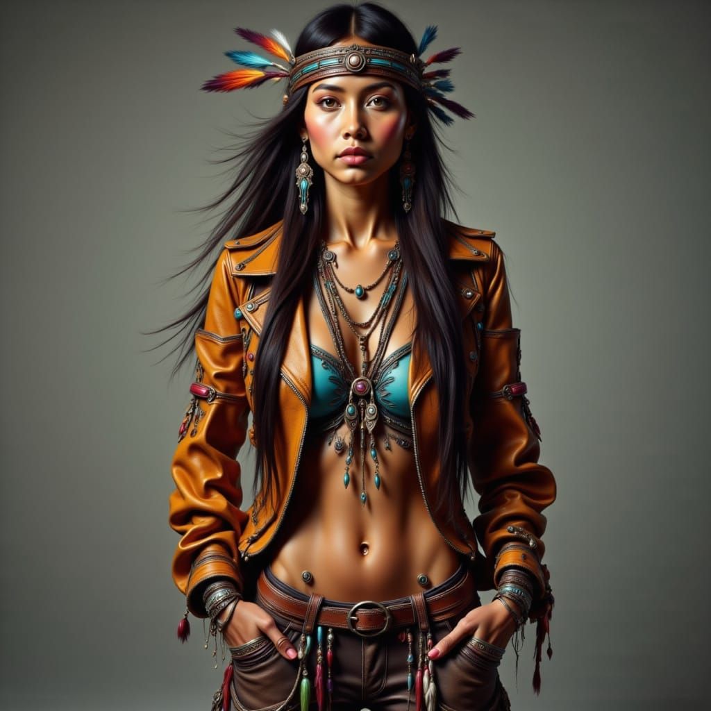 Native American Woman in Modern Studio, Hyper-Detailed Portr...