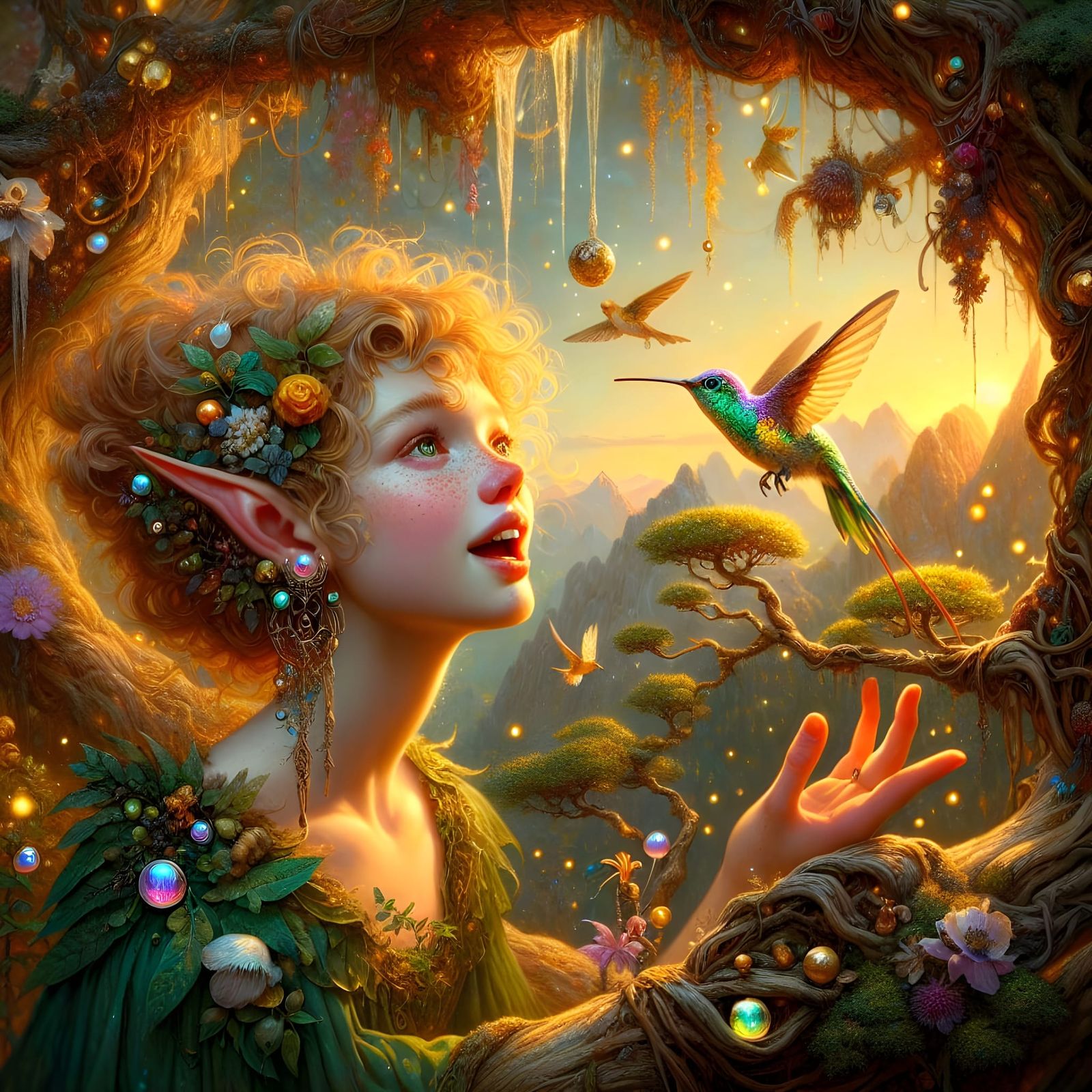 Enchanted Elf Girl Admires Hummingbird in Sunset Glow