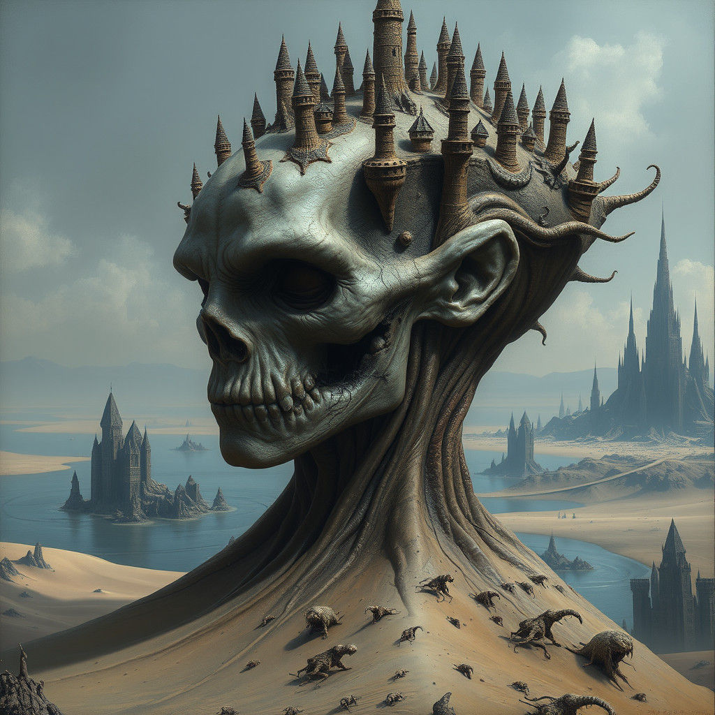 Surreal Grotesque Head with Decaying City, Detailed Matte Pa...