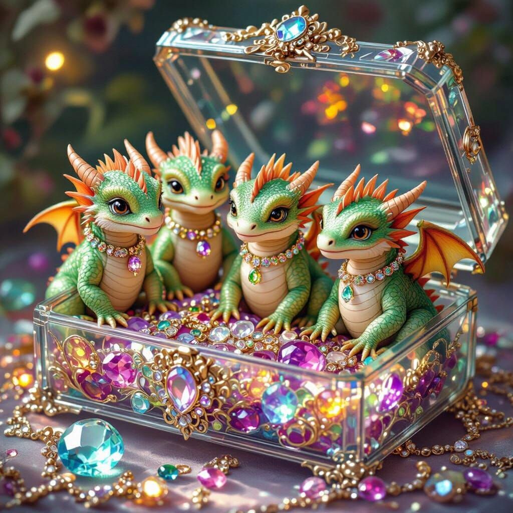 Baby Dragons in Glass Jewelry Box, Art Nouveau Style