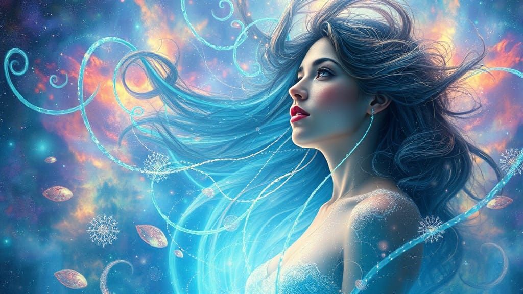 Ethereal Cosmic Goddess in Vibrant Aqua Aura