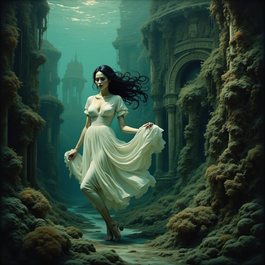 Scarlett O'Hara's Ghost in Submerged City, Pre-Raphaelite St...